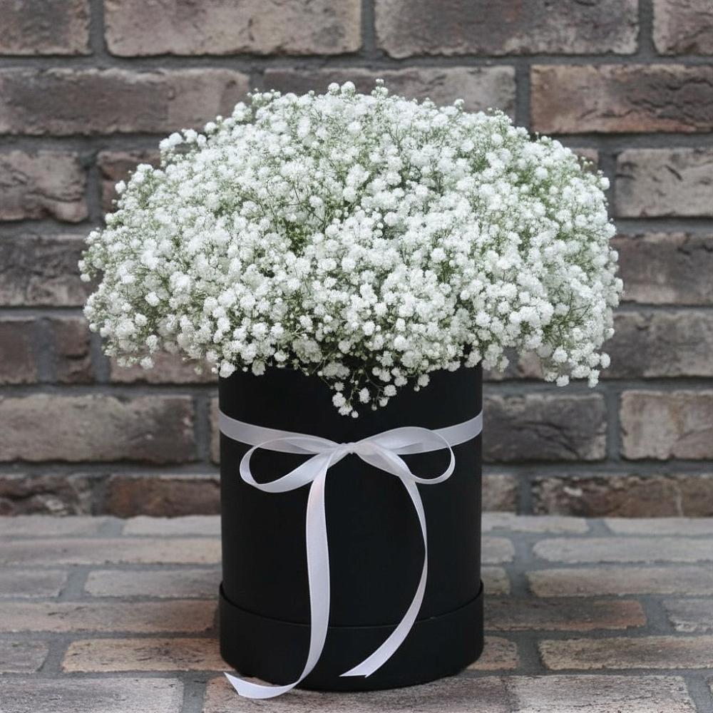 Цветочная композиция из Гипсофила в шляпной коробке в Беслане